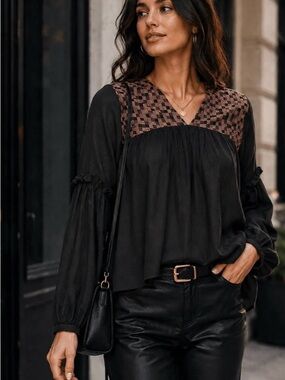Black Long Sleeve Cotton Blouse | Talori • Large • Loose Fit • V‑Neck NWT